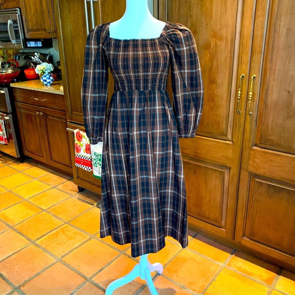 J Crew Smocked Puff Sleeve Brown Plaid size XS